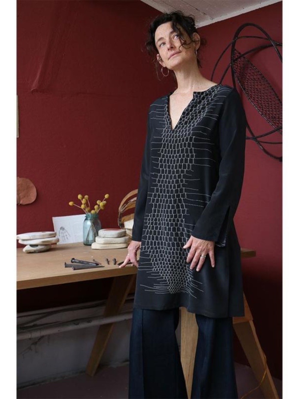 ERICA TANOV Sabine Tunic Fray Silk In Caviar Emily Payne Blouse SS2016 w/ Flaws